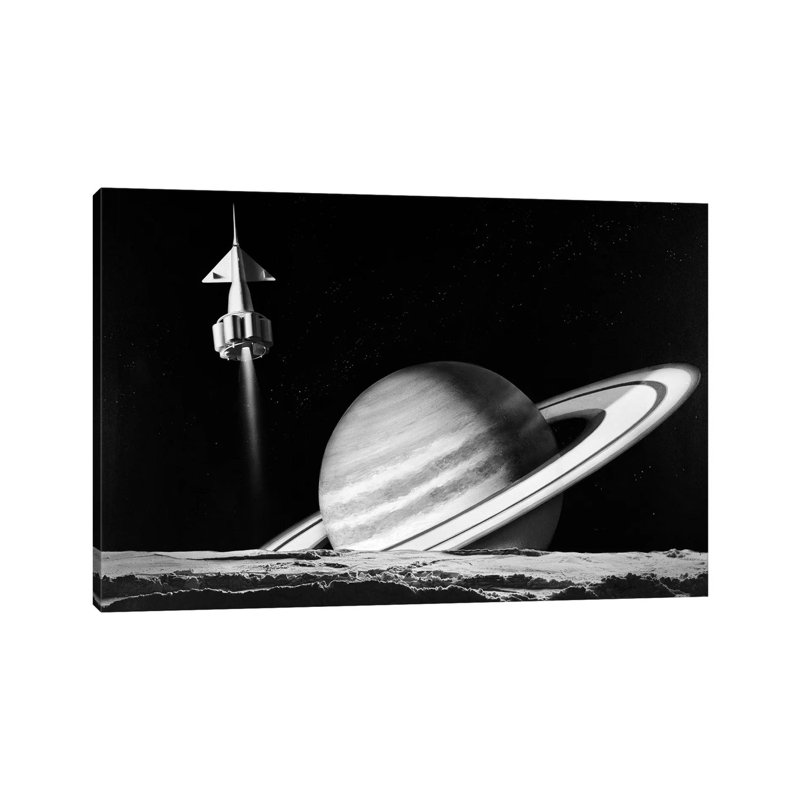 1960s Space Rocket Flying Past Saturn with Surface of Another Planet in Foreground 1 Piece Wrapped Canvas Wall Art