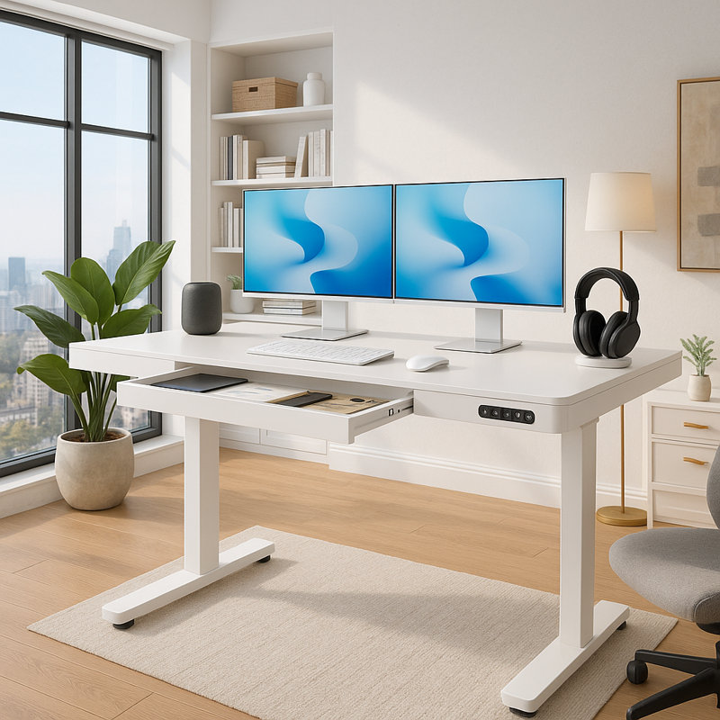 Bureau électrique à hauteur réglable avec tiroir, poste de travail moderne en verre de 48 po, Blanc