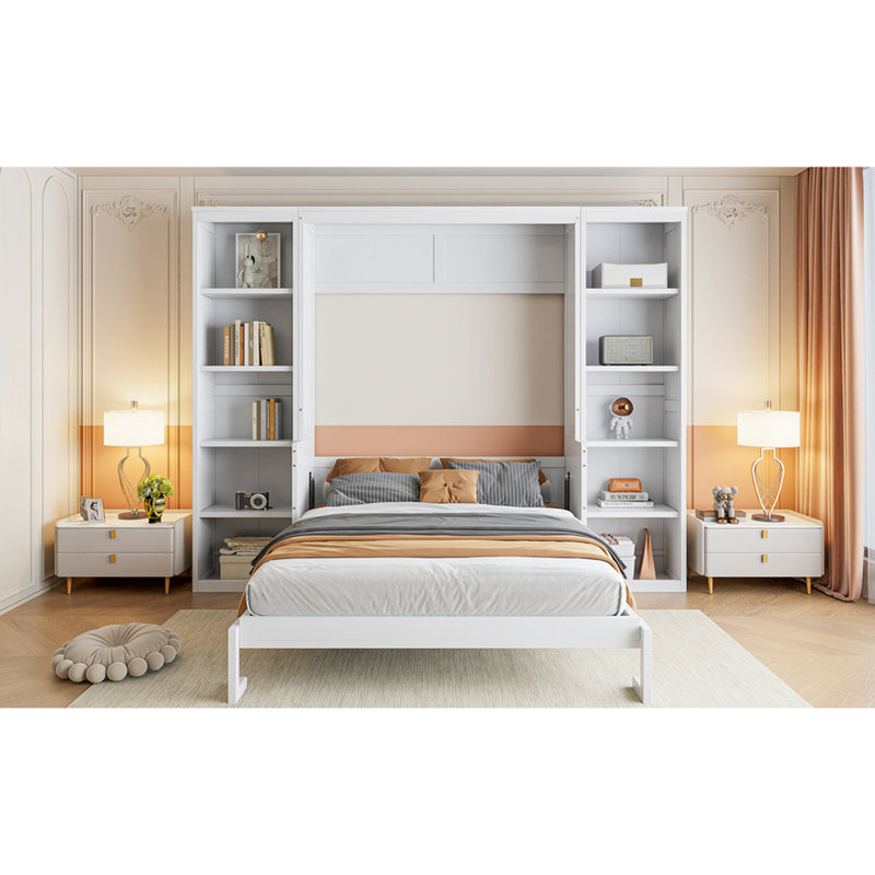 Lit double avec bureau et bibliothèque en blanc - Bibliothèque robuste et spacieuse, Lit double