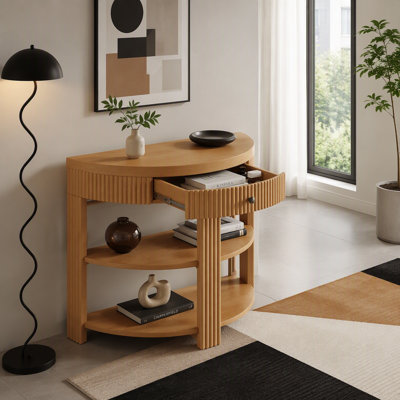 Fluted Half Moon Console Table with Drawer & 2 Shelves, Demi-Lune Entryway Table, Modern Wood Hallway Sofa Table with Storage