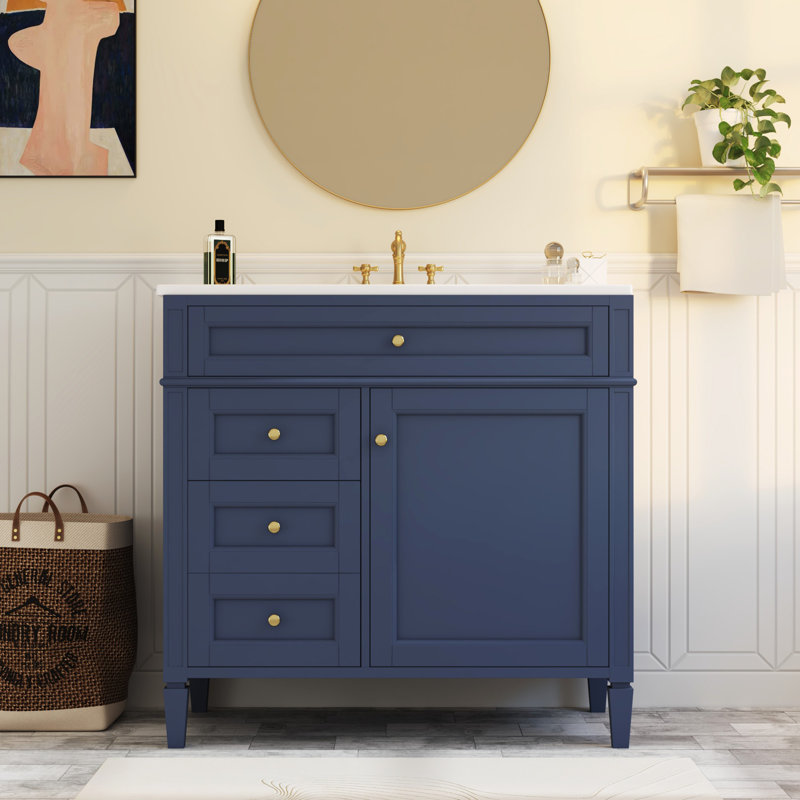 Single Bathroom Vanity with Top Sink, Blue/ Gold, 36"