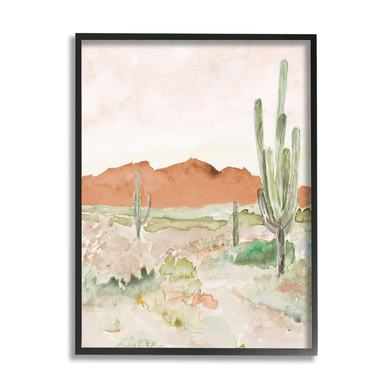 «Cactus Plants Dry Desert Scene Distant Cliff» par Lanie Loreth - peinture à cadre flottant sur bois