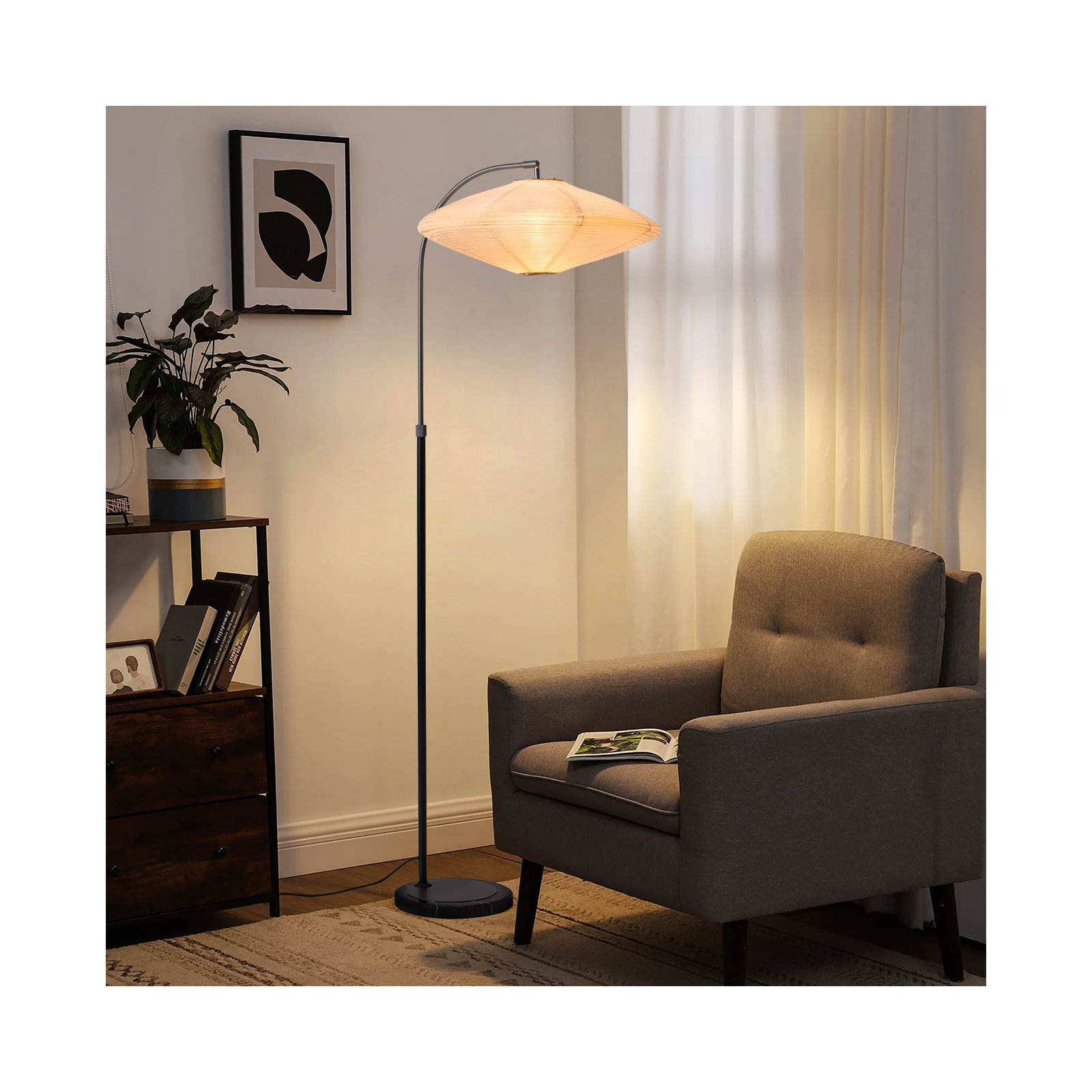 Roswell Floor Lamp - Matte Black Finish, White Linen Shade, Black Marble Base, Dimmer