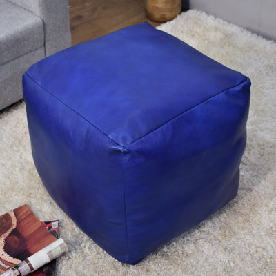 POUF BÉBÉ EN CUIR FABRIQUÉ À LA MAIN BLEU - 14 po x 14 po x 14 po, de forme carrée, de couleur unie, en cuir de buffle Genunie, rembourré de coton recyclé, repose-pieds pour le salon, la salle d'étude, Patio et bureau