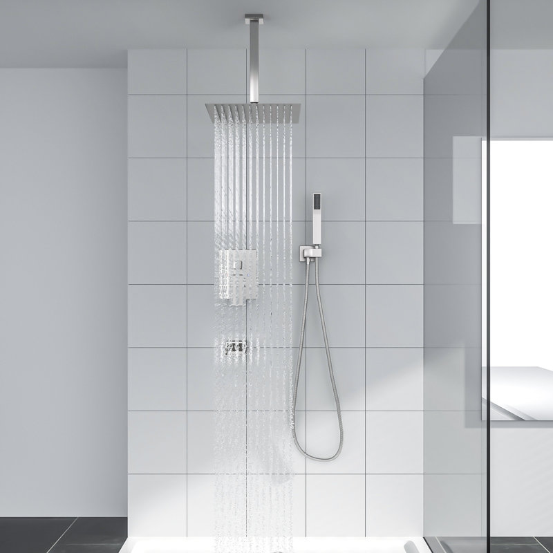 Luxury Rain Mixer Shower System 12 Inch Ceiling Mounted Rainfall Showerhead with Handshower and Tub, Brushed Nickel