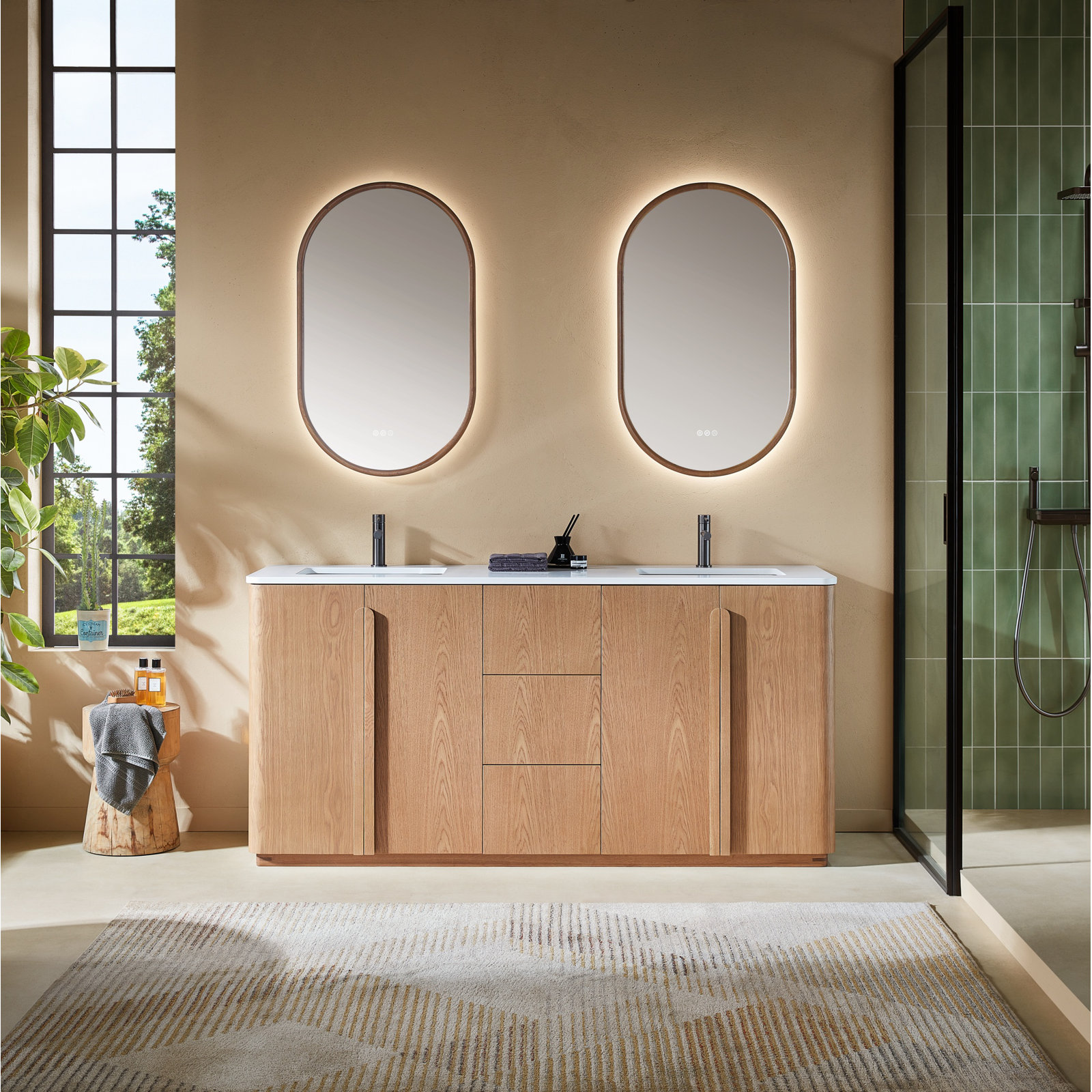 Greely 72" Oak Double Bathroom Vanity, Natural Teak