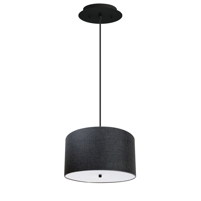 16" W 2 Light Pendant White Linen Drum Shade With Diffuser, Black Cord, Granite Gray, 9" H x 16" W x 16" D, Black