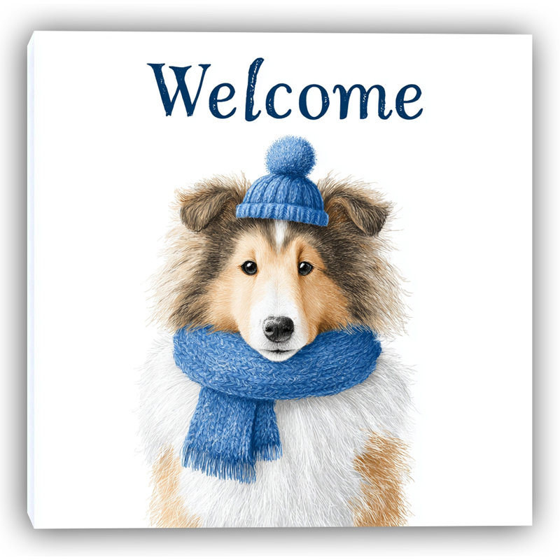 «Welcome Collie in Knit Hat», art mural sur toile tendue, H 40 po x l 40 po