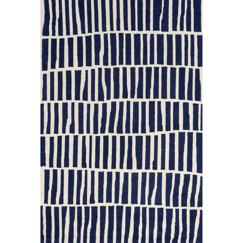 Tapis bleu marine / blanc en laine touffeté à la main Lauderhill, Rectangulaire 3 pi x 5 pi
