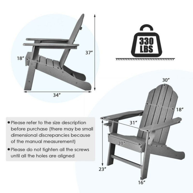 Outdoor Adirondack Chair With Built-In Cup Holder For Backyard Porch, Gray