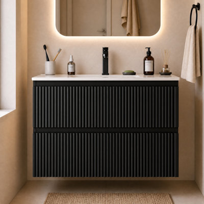 30" Black Floating Bathroom Vanity with Ceramic Sink, Modern Fluted Wall Mount Vanity with 2 Soft Close Drawers for Powder Room