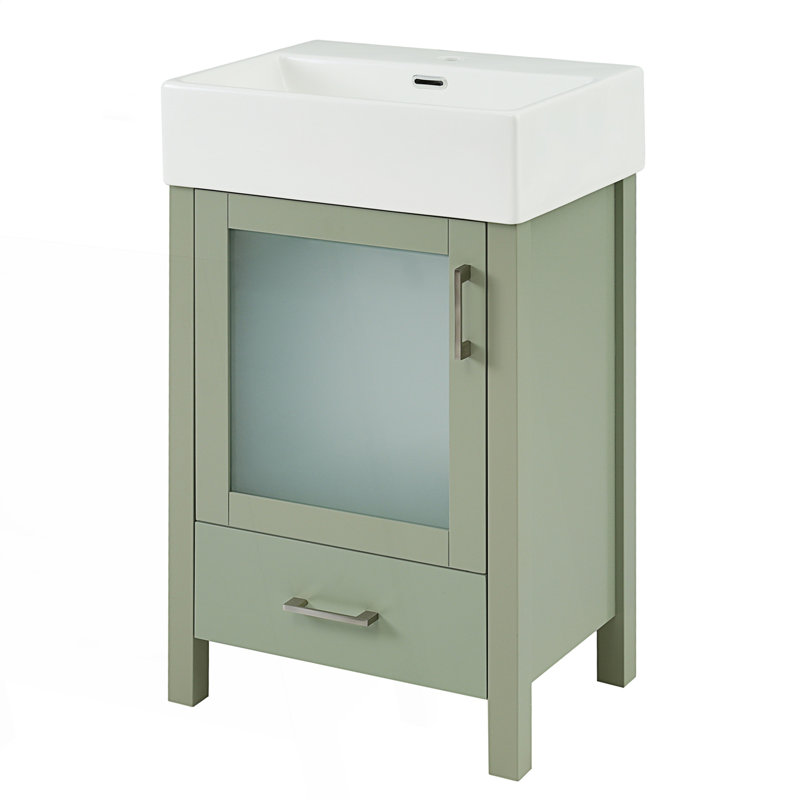 Meuble-lavabo de salle de bain avec lavabo en céramique et beaucoup de rangement, Vert