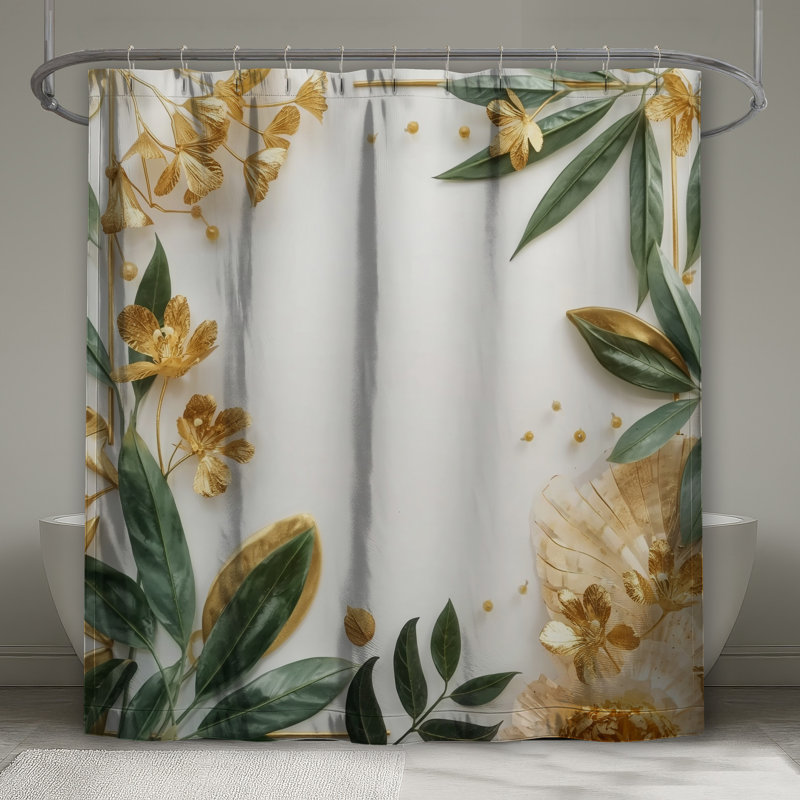 Rideaux de douche dorés à feuillage vert extra long, 70in W x 93in H