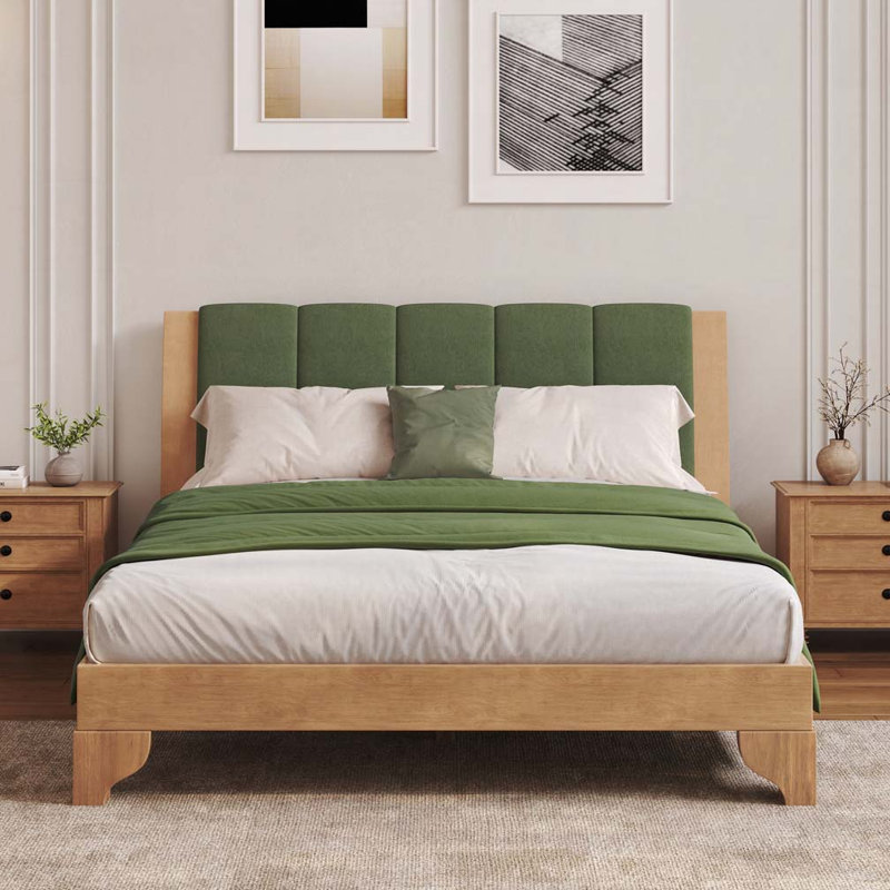 Pine Wood Bed Frame, Queen, Green/Natural