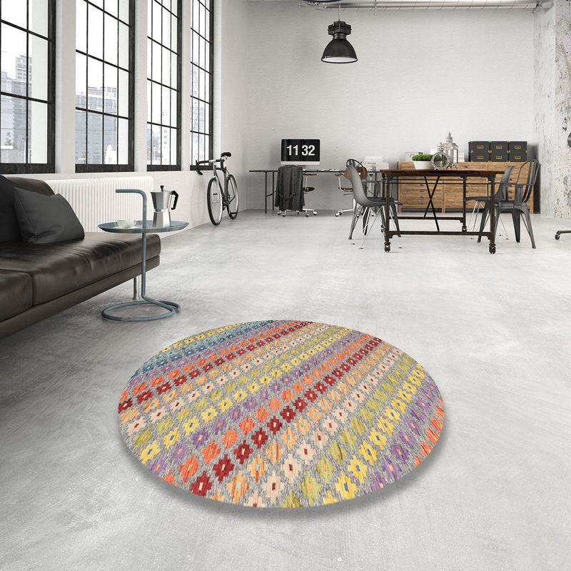 Tapis contemporain rouge / jaune / gris, Rond 3 pi