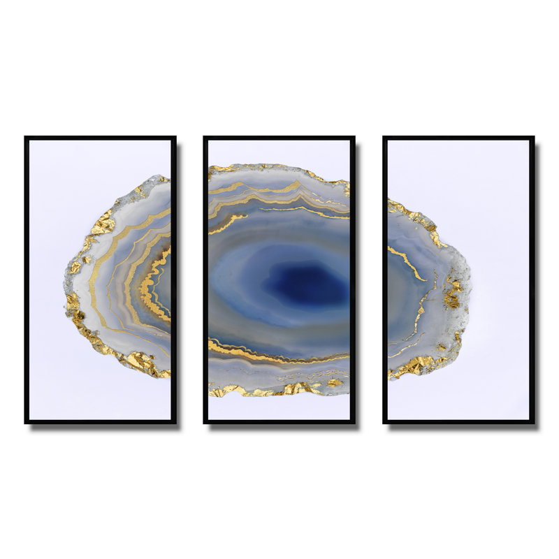 Golden Water Agate - ensemble d'art mural sur toile Glam, ensemble de 3, Cadre noir, H 28 po x l 36 po x P 1 po