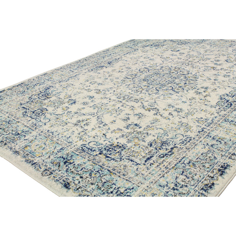 Ivory and Blue Synthetic Washable Rectangular Rug 4' x 6'