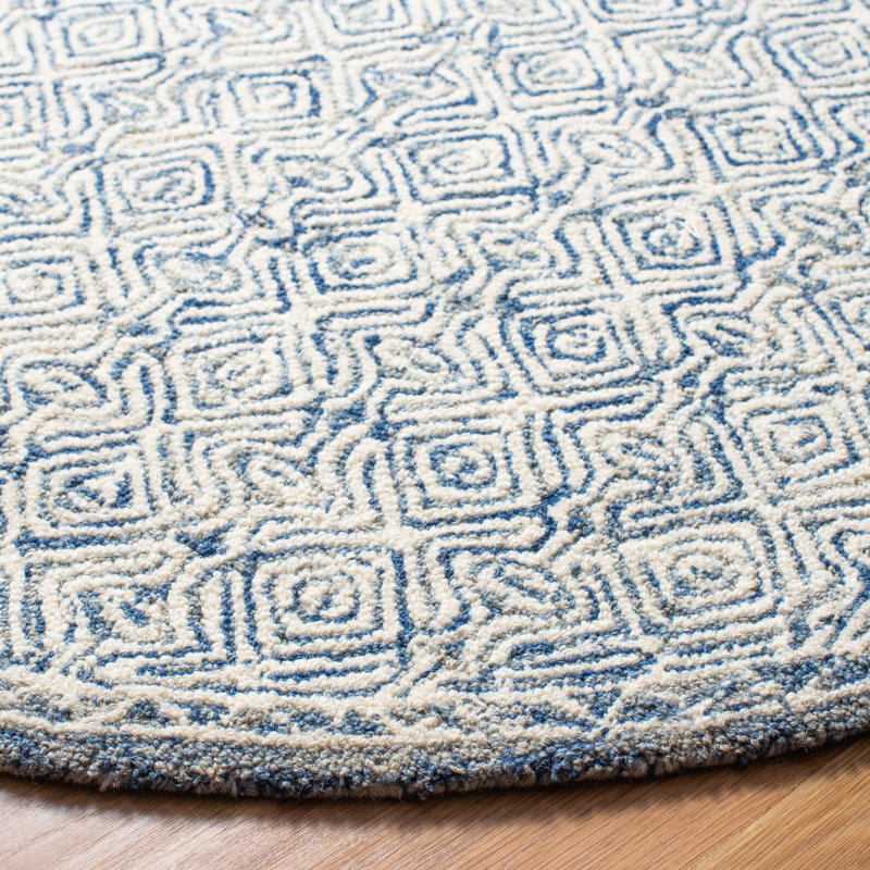 Basham Geometric Handmade Tufted Wool Navy/Cream Area Rug, Round 3'
