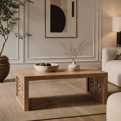 47.2" Rustic Carved Wood Coffee Table