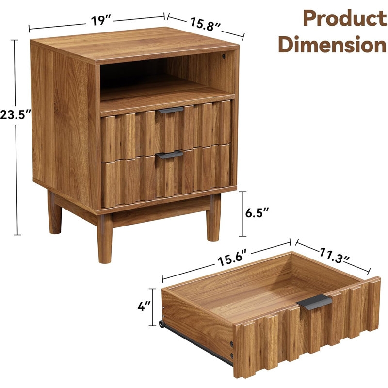 19'' W Fluted Nightstand with 2 Storage Drawers, 1 Open Shelf, Walnut