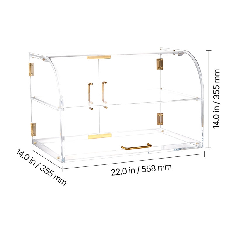 Vitrine de boulangerie, vitrine de comptoir commerciale à 2 niveaux pour pâtisseries, boîte à pain en acrylique transparent pour cuisine, armoire à gâteaux avec porte arrière magnétique pour biscuits, desserts et beignets, 56 x 36 x 36 cm