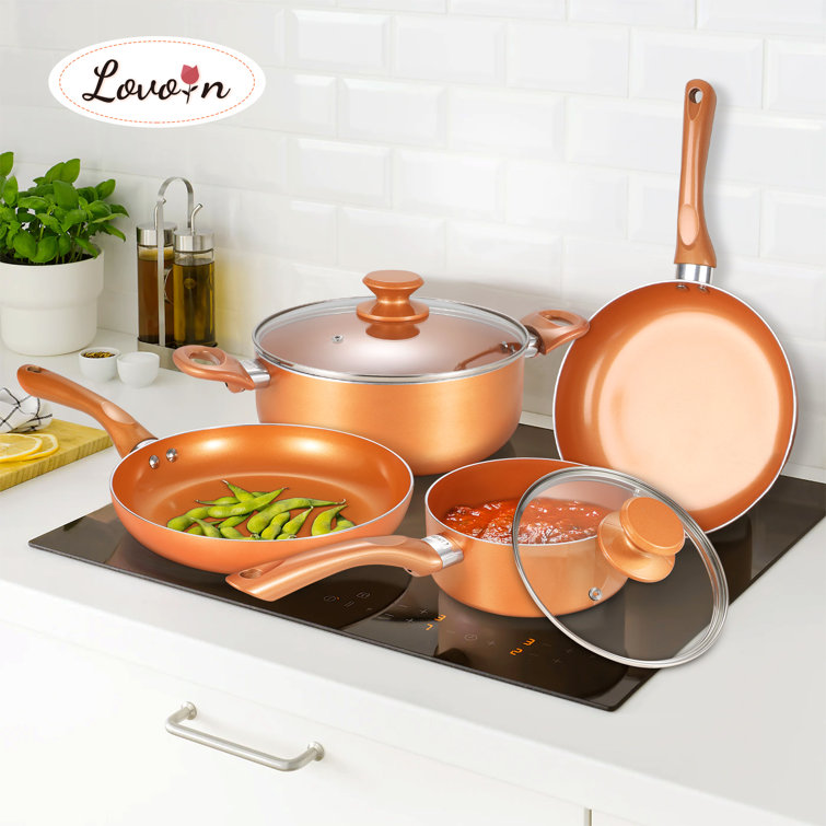 Kitchen Cookware Set, 6 Piece Nonstick Aluminum Pot and Pan Set Orange