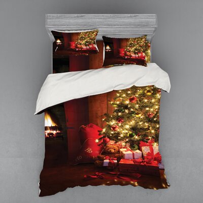 X-Mas Scene Celebrations with Tree and Gifts By the Fireplace Image Duvet Cover Set -  Ambesonne, bsnev_20277_queen