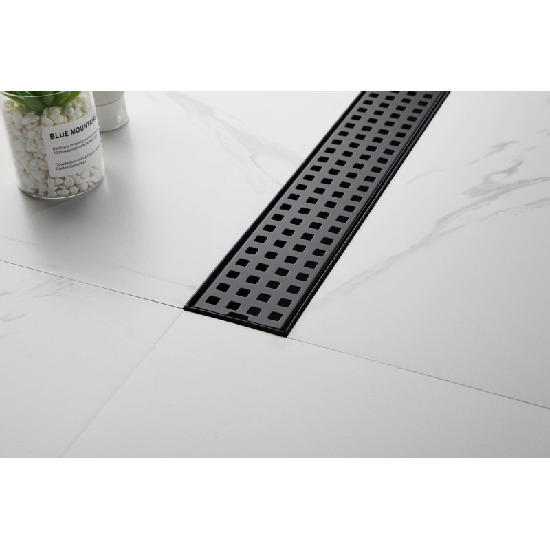 24 Inches Linear Shower Drain with Removable Quadrato Pattern Grate, 304 Stainless Shower Drain  Included Hair Strainer and Leveling Feet