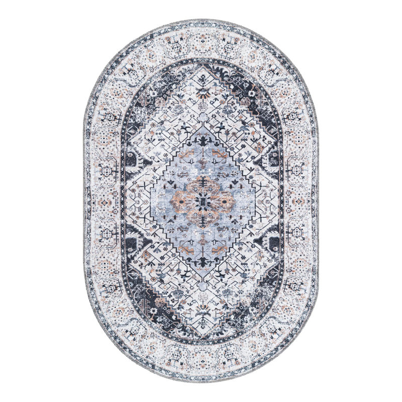 Oluremi Oriental Gray Area Rug, Oval 4'1" x 6'1"