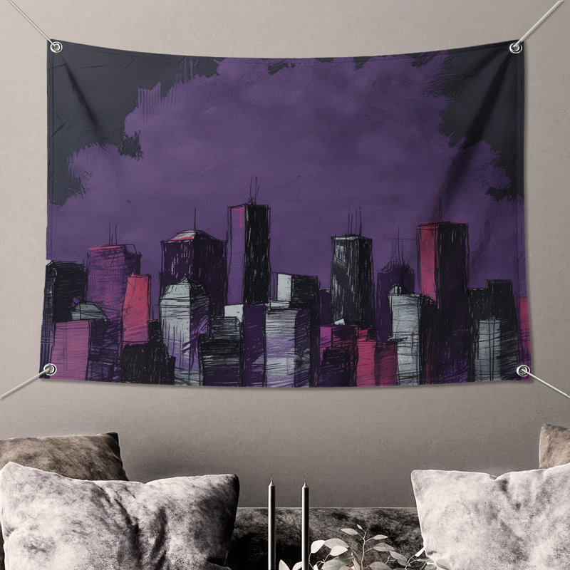 Tapisserie murale «Skyline» mauve - décoration murale gratte-ciel, 68 po H x 80 po L avec 4 œillets