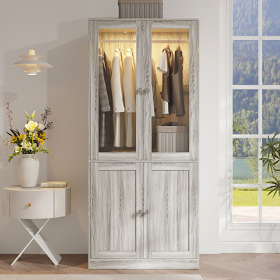 Armoire-penderie 75 "avec tiroirs et lumières, armoire de rangement pour vêtements avec 2 portes en verre