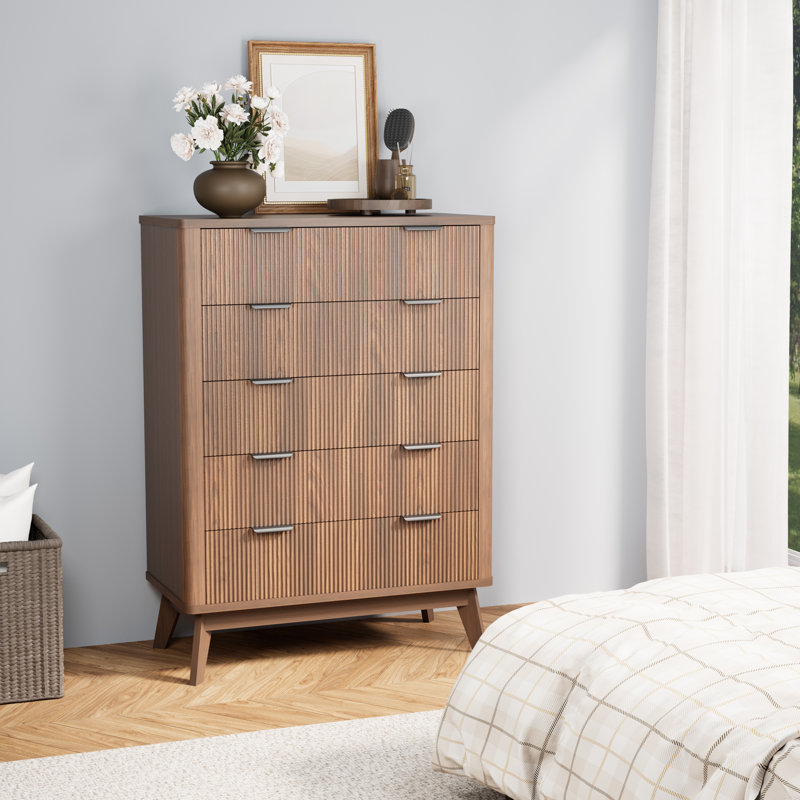 Commode 5 tiroirs cannelée, Meuble de rangement de 43 pouces de hauteur, 5 tir