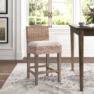 Brianna Rattan and Solid Wood Upholstered Stool, 25" H