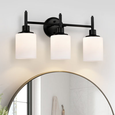 Éclairage pour meuble-lavabo contemporain noir mat à 3 lumières avec abat-jour en verre blanc, à intensité variable, câblé, classé humide, 2 options de finition