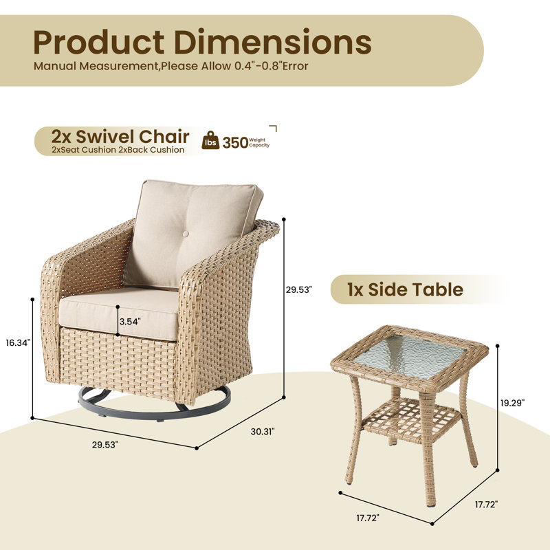 Ensemble de chaises pivotantes en osier 3 pièces avec coussins et table d'appoint, Beige
