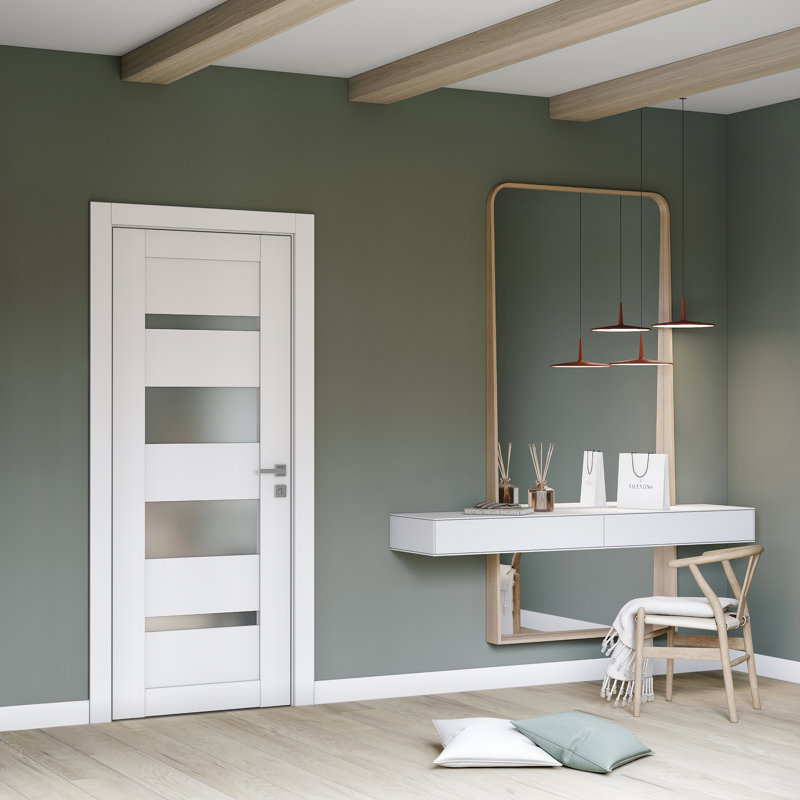 Dalle de porte intérieure en bois manufacturé et en verre givré Ella, 35,875 po x 95,24 po, Blanc neige