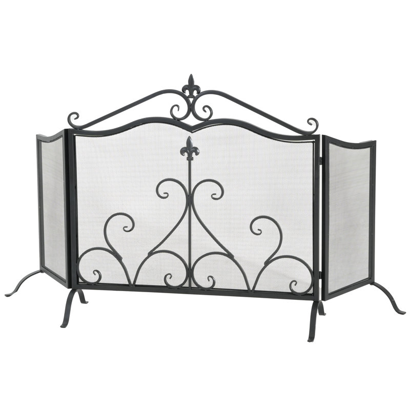  Pare-étincelles en fer onyx à 3 panneaux avec volutes fleur de lys, finition noire