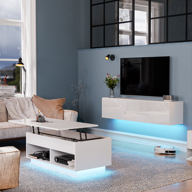 Arcelay Anthrone Floating TV Stand for TVs up to 63", Wall Mounted Media Console with LED Lights, White