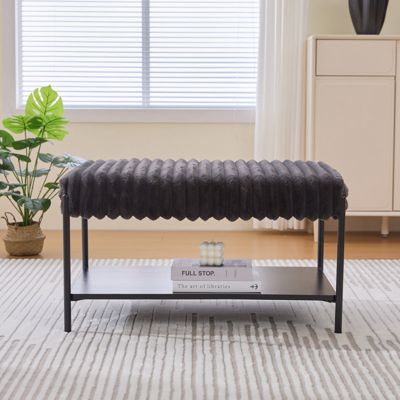 Footstool with Wooden Open Storage Shelf, Charcoal