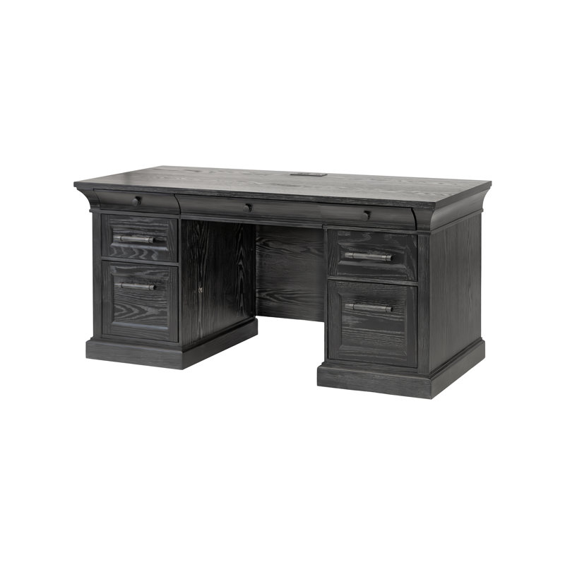 Traditional Wood Executive Desk, Storage Office Credenza, Fully Assembled, Black, Black