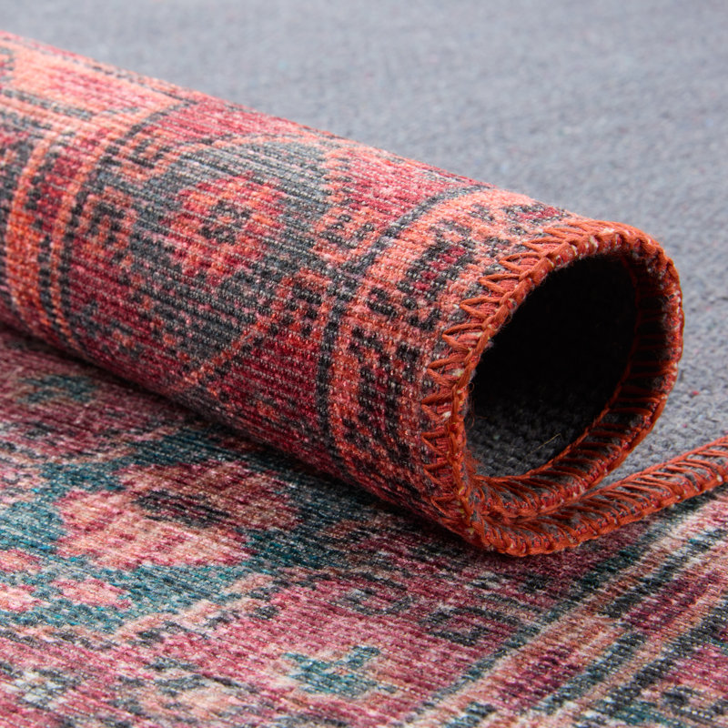 Machine Washable Kalinar Power Loom Performance Dark Red/Blue Rug, Runner 2'6" x 10'
