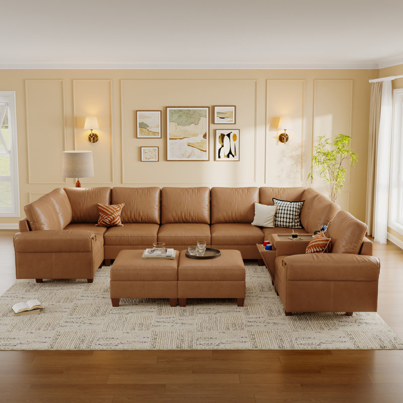 Canapé modulaire en forme de U de 144 po de large avec 144 sièges et rangement avec console et brun, 144 po, Brun