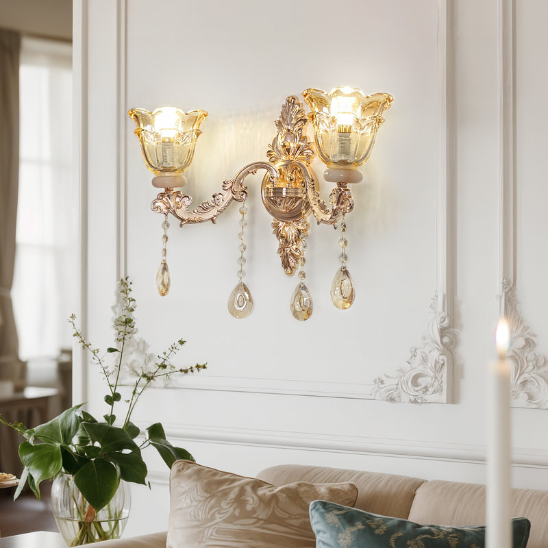 Antique Wall Crystal Sconces Lamp Gold Glass Flower Lampshade With Beveled Crystals 2 Lights