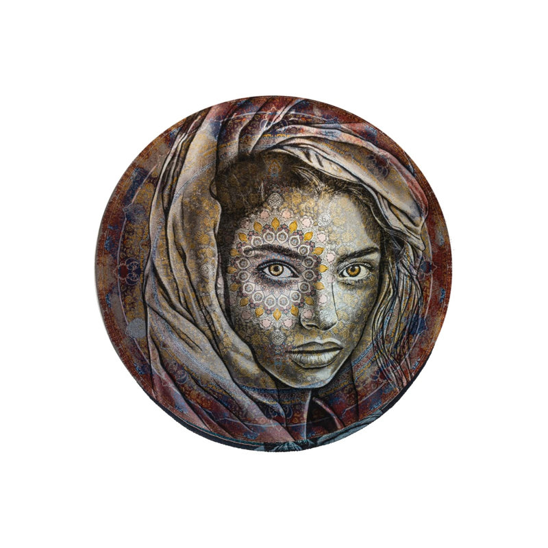 Artistic Woven Base Round Decorative Carpet With A Female Face Figure, Round 5'
