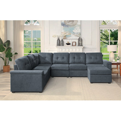 Canapé modulaire gris en tissu tissé 7 places avec repose-pieds Isla