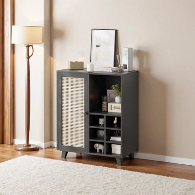 34 Inch Black Rattan Sideboard Cabinet with Wine Racks - Buffet Storage Cabinet for Living Room, Kitchen, Entryway