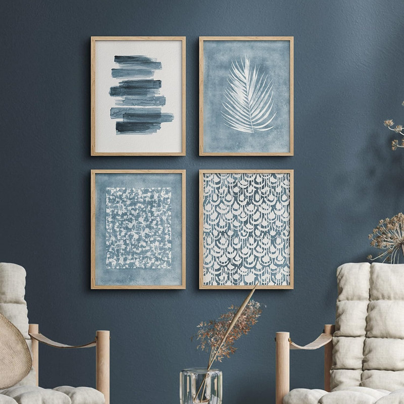 Coups de peinture de feuille de palmier bleu jungle - ensemble de 4 reproductions de cadres photo simples, Naturel