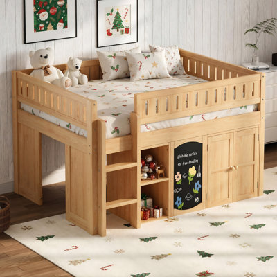 Full Size Wooden Loft Bed (White Or Natural) With Storage Shelf, Cabinet And Chalkboard Panel For Kids Bedroom by Latitude Run