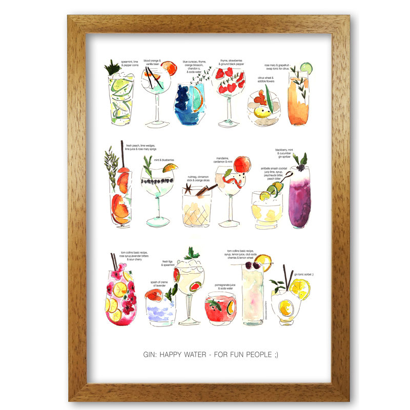 Gin: Happy Water - For Fun People - Print, 42 cm H x 29.7 cm W x 5 cm D, Honey Oak