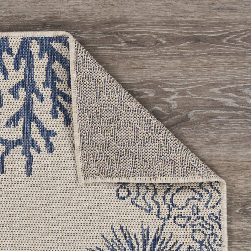Tyreece Beige/Blue Power Loomed Indoor/Outdoor Area Rug, Rectangle  1'10" x 3'